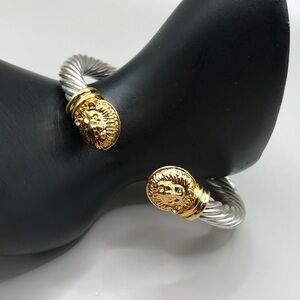 Gold and Silver-Tone Twisted Cable & Lion Heads Cuff Bracelet